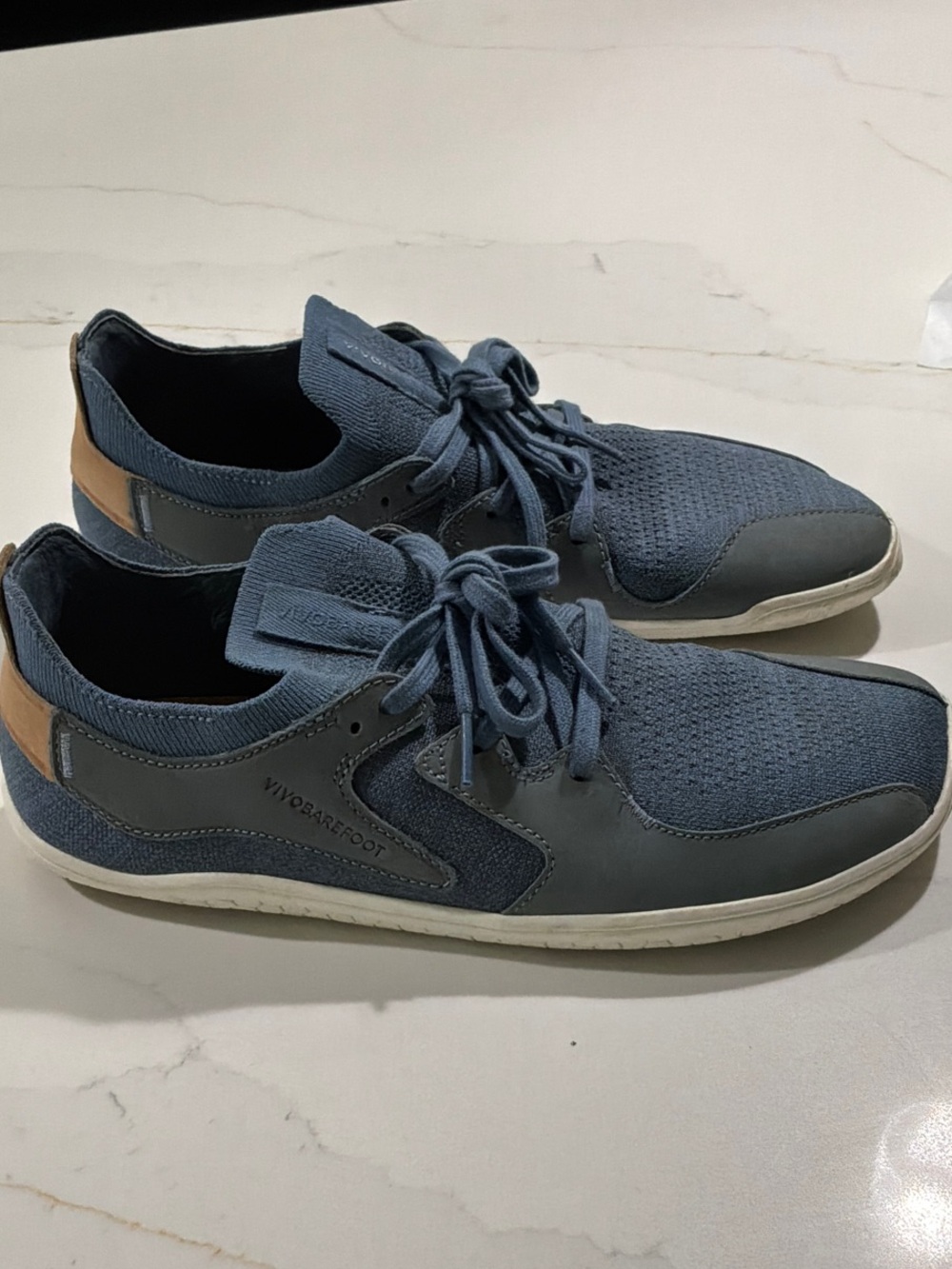 Vivo Barefoot women’s Navy Knit Lace-Up Sneaker with Tan Heel Tab